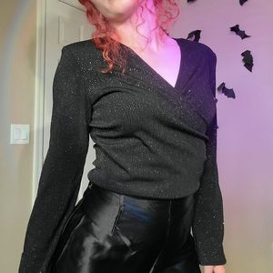 ☀️ Vintage Black Sparkly Wrap Top with Shoulder Pads